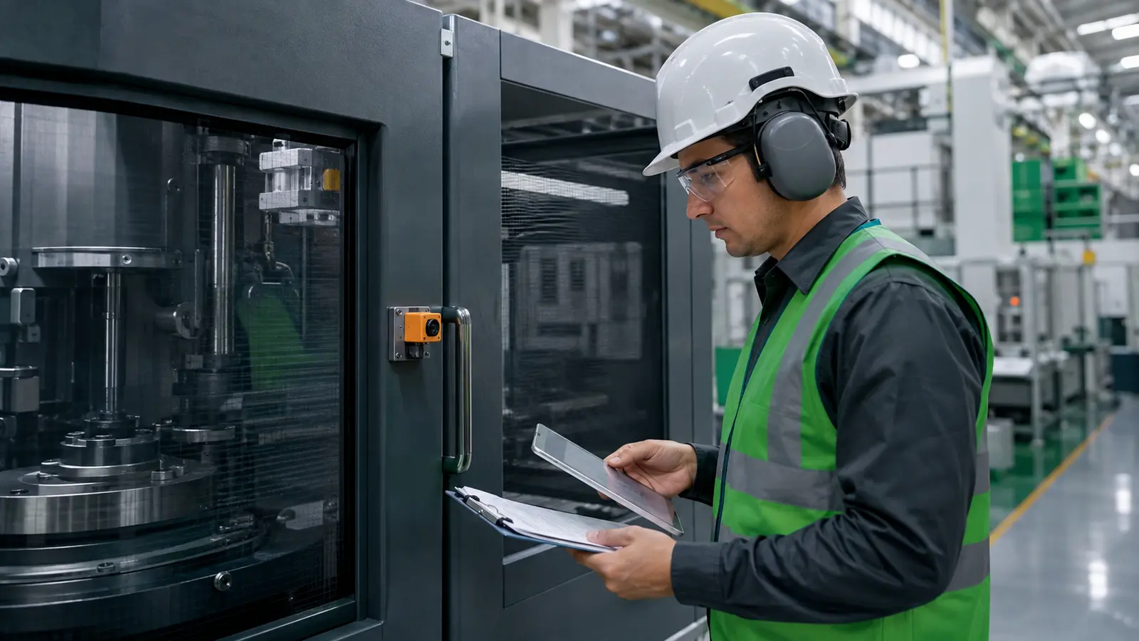 Engenheiro realizando avaliação para adequação à NR-12 em máquina industrial protegida
