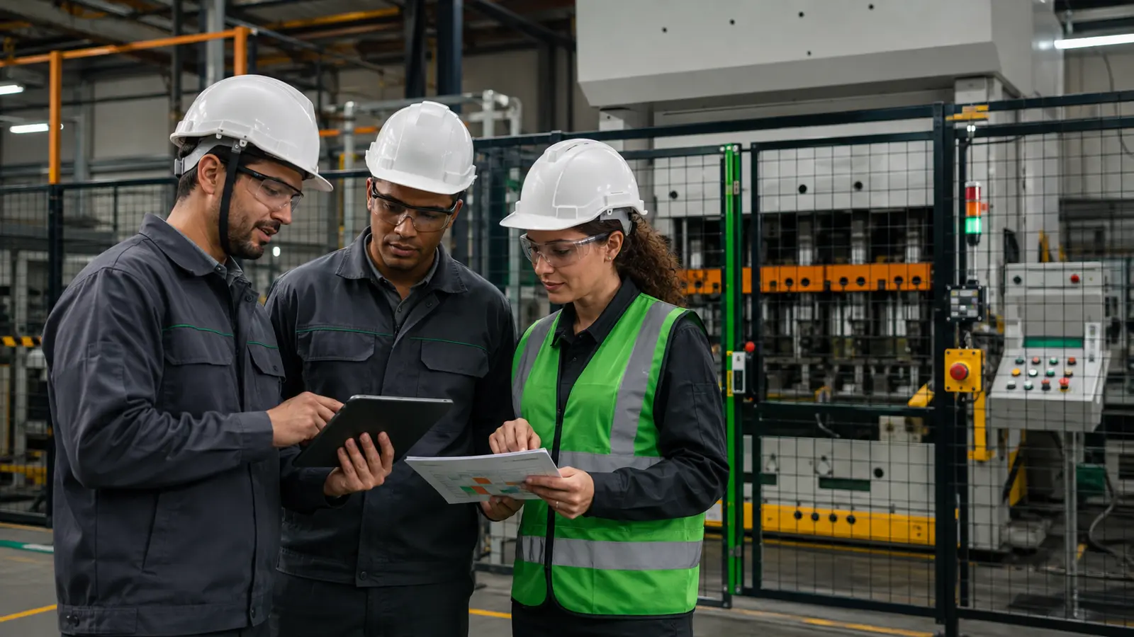 Equipe multidisciplinar realizando apreciação de riscos NR-12 em máquina industrial