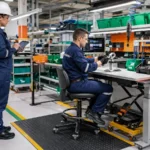 Profissional avalia ergonomia no trabalho em posto de montagem industrial
