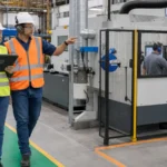 Profissional de SST elabora inventário de riscos durante inspeção em máquina industrial
