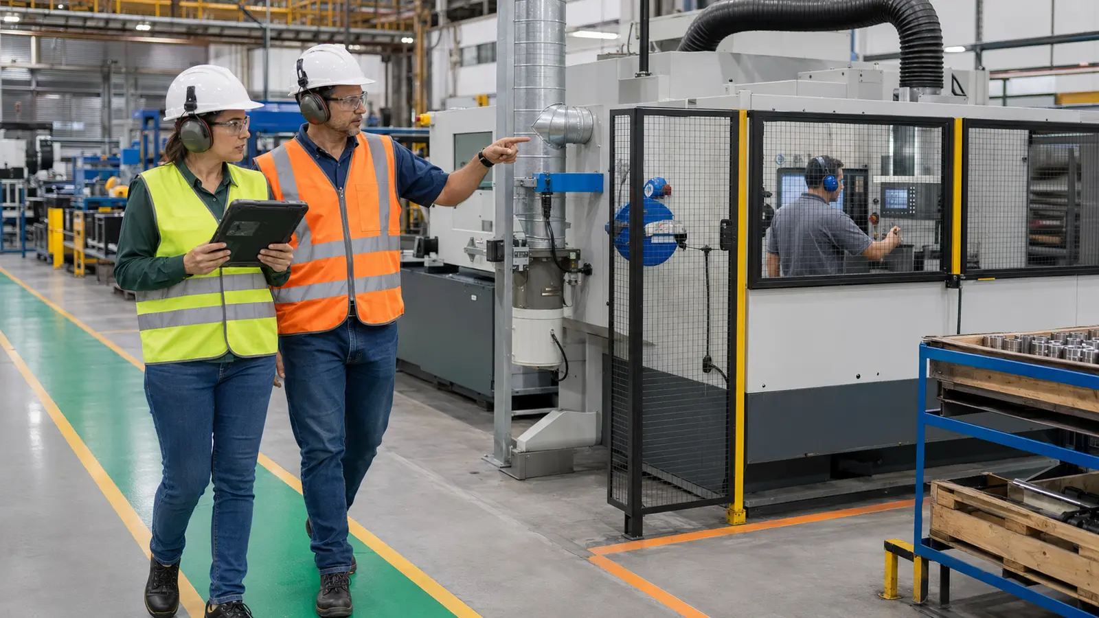 Profissional de SST elabora inventário de riscos durante inspeção em máquina industrial