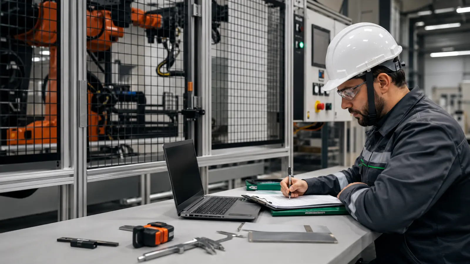 Engenheiro elaborando laudo NR-12 ao lado de máquina industrial com proteção