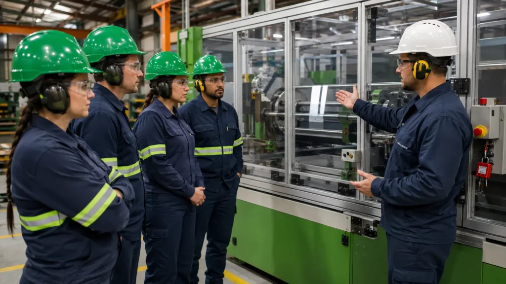 Instrutor conduz treinamento NR-12 com operadores diante de máquina industrial protegida