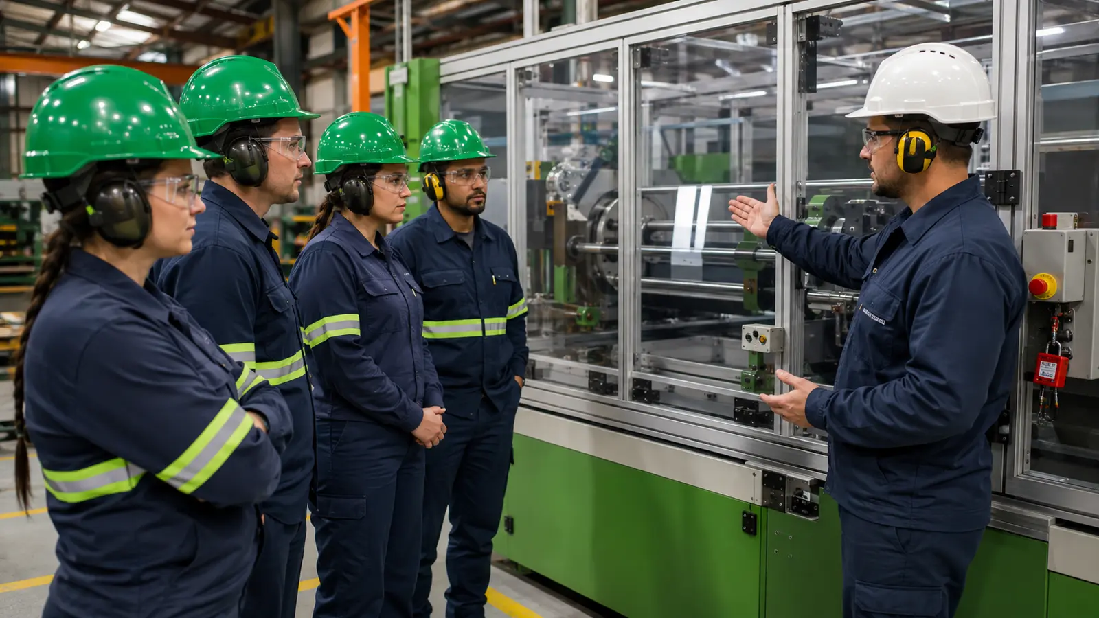 Instrutor conduz treinamento NR-12 com operadores diante de máquina industrial protegida