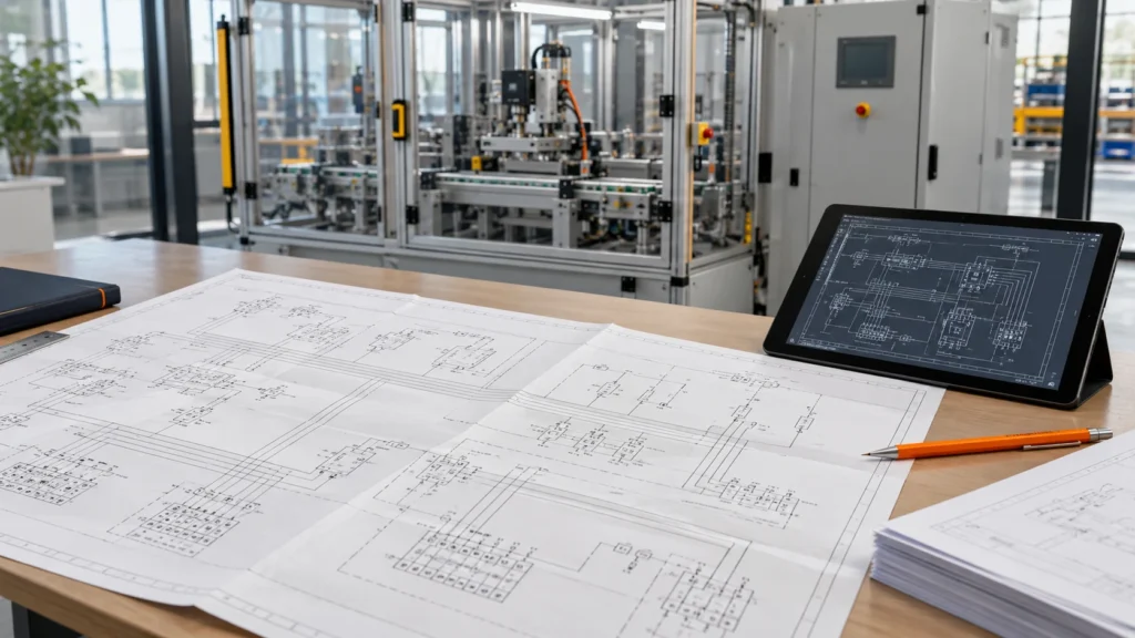 Ilustração gerada de diagramas técnicos e tablet sobre mesa com máquina enclausurada ao fundo