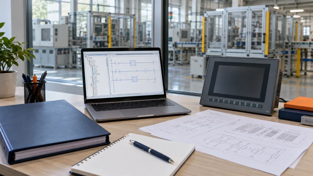 Ilustração gerada de notebook, documentos técnicos e IHM desconectada em mesa de engenharia industrial