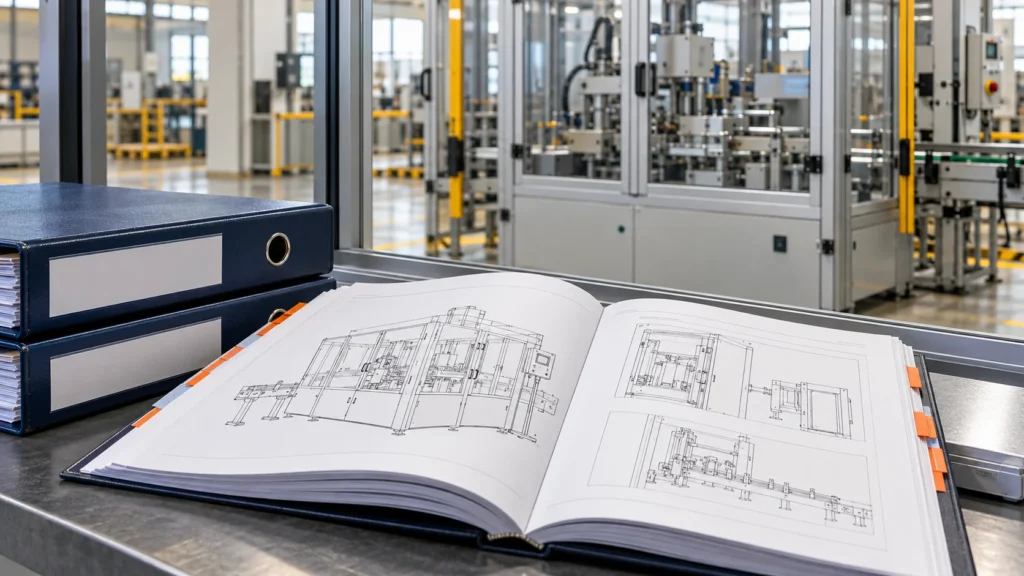 Ilustração gerada de manual aberto e pastas técnicas diante de máquina industrial fechada