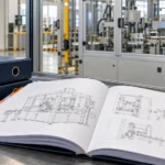 Ilustração gerada de manual aberto e pastas técnicas diante de máquina industrial fechada