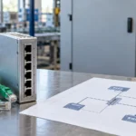 Ilustração gerada de switch industrial desconectado, cabos verdes e mapa de rede em bancada
