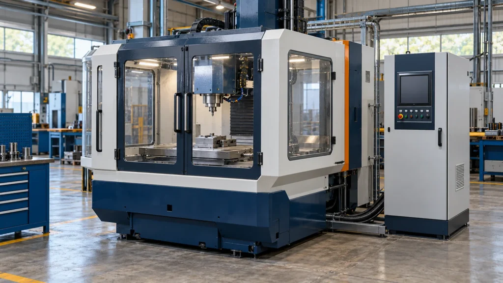 Ilustração gerada de máquina industrial enclausurada e painel de comando para planejamento de retrofit