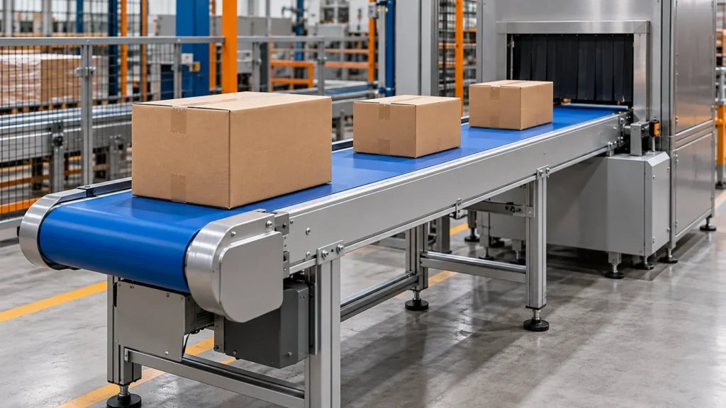 Ilustração gerada de transportador industrial com correia azul e caixas de papelão em área de produção