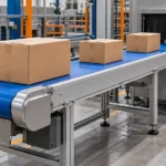 Ilustração gerada de transportador industrial com correia azul e caixas de papelão em área de produção