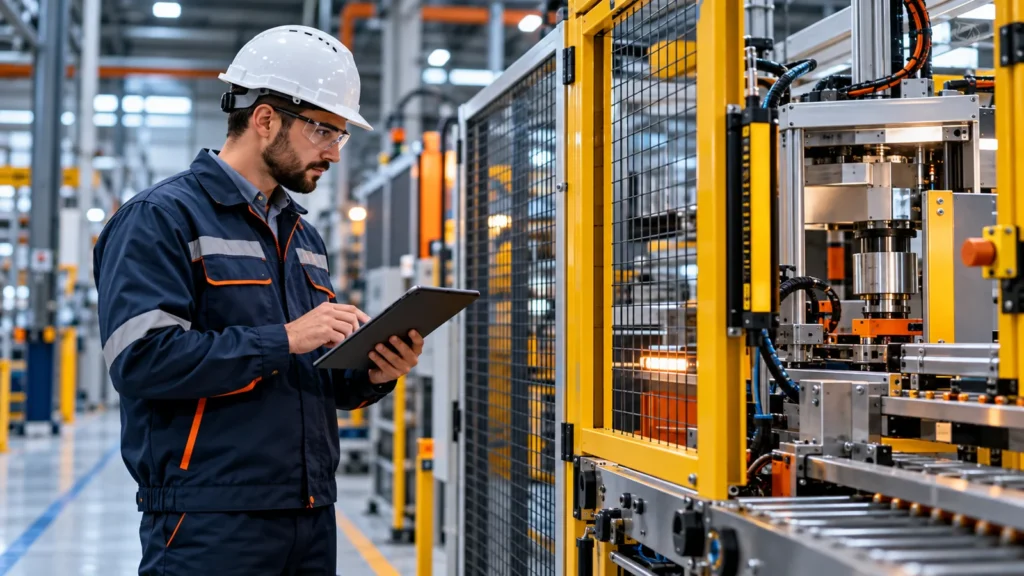 Engenheiro avalia máquina industrial protegida durante apreciação de riscos NR-12