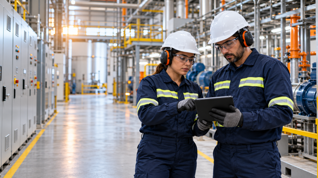 Profissionais de manutenção industrial planejando serviço terceirizado com segurança